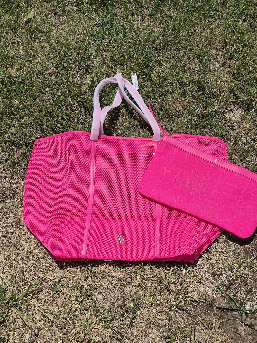 Victoria's Secret Hot Pink Mesh Tote and Wristlet Set